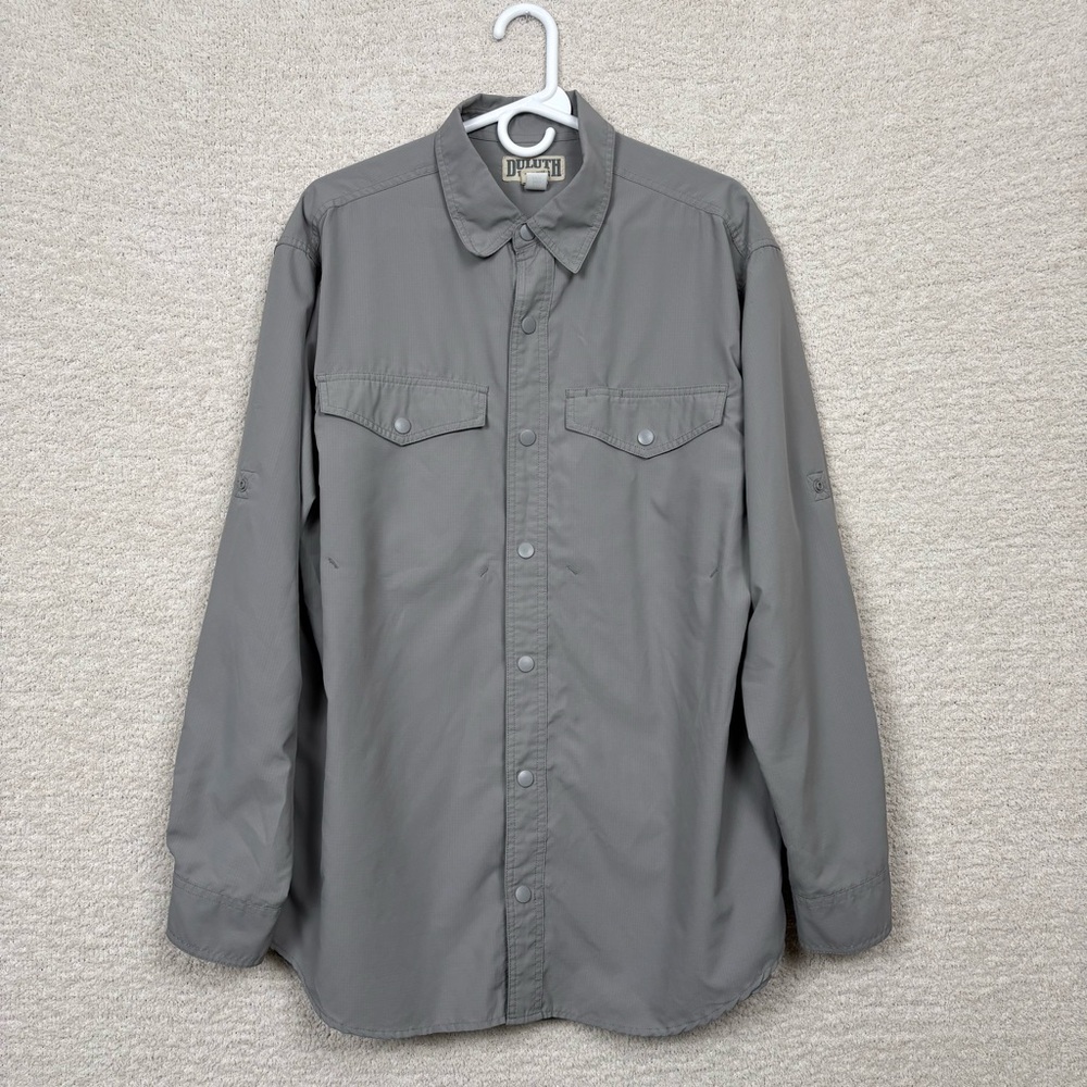 Duluth Trading‎ Co. Shirt Mens Lg Grey Long Sleeve Roll Tab Outdoor Pocket